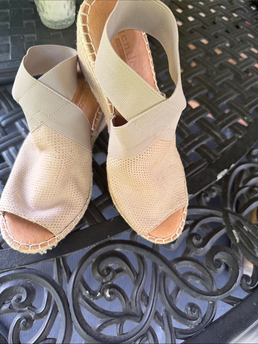 gentle souls Beige Espadrille Wedge Sandals with Elastic Cross Straps